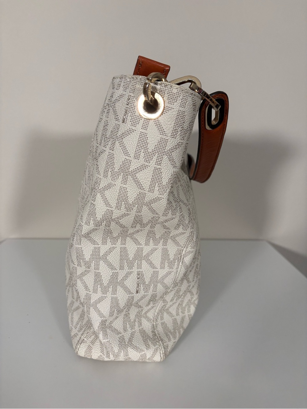 Michael Kors White Logo Canvas Hobo with Brown Leather Strap - Picture 10 of 13
